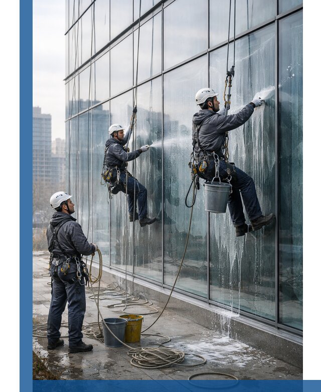 Промышленная мойка панорамных окон на высоте в Канаше