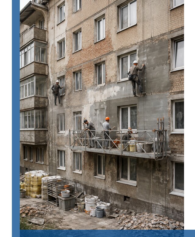 Капитальный ремонт фасада в Канаше с восстановлением и гидроизоляцией