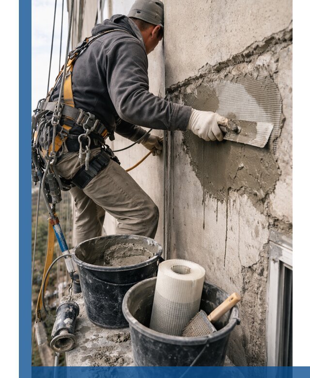 Ремонт бетонных элементов фасада промышленными альпинистами в Канаше