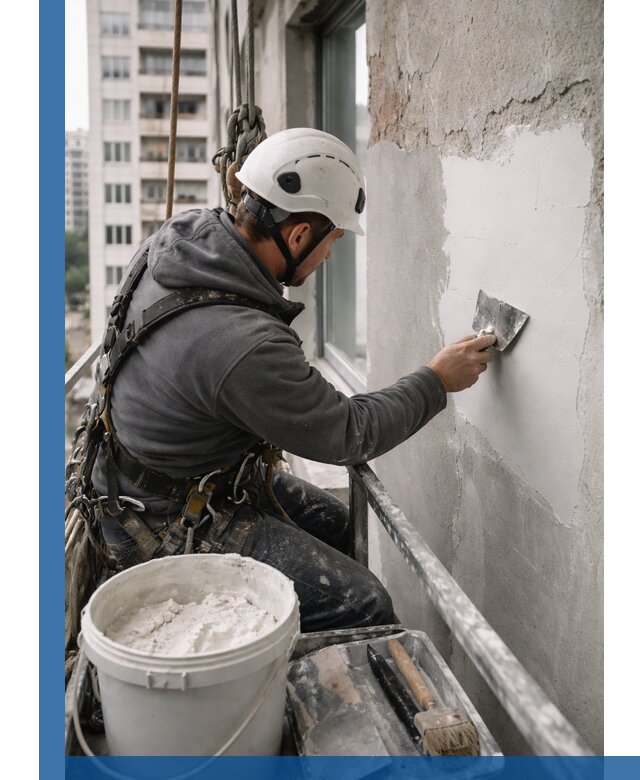 Шпаклевка фасадов на высоте с промальпинистами в Канаше