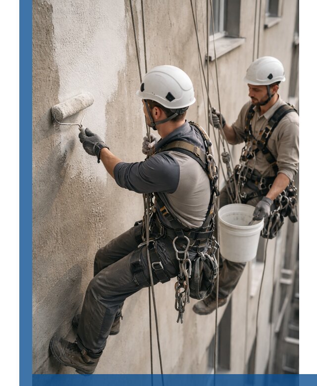 Грунтовка фасада на высоте в Канаше промышленными альпинистами