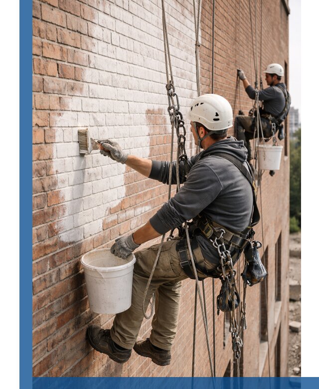 Покраска кирпичного фасада с доступным альпинистским сервисом в Канаше