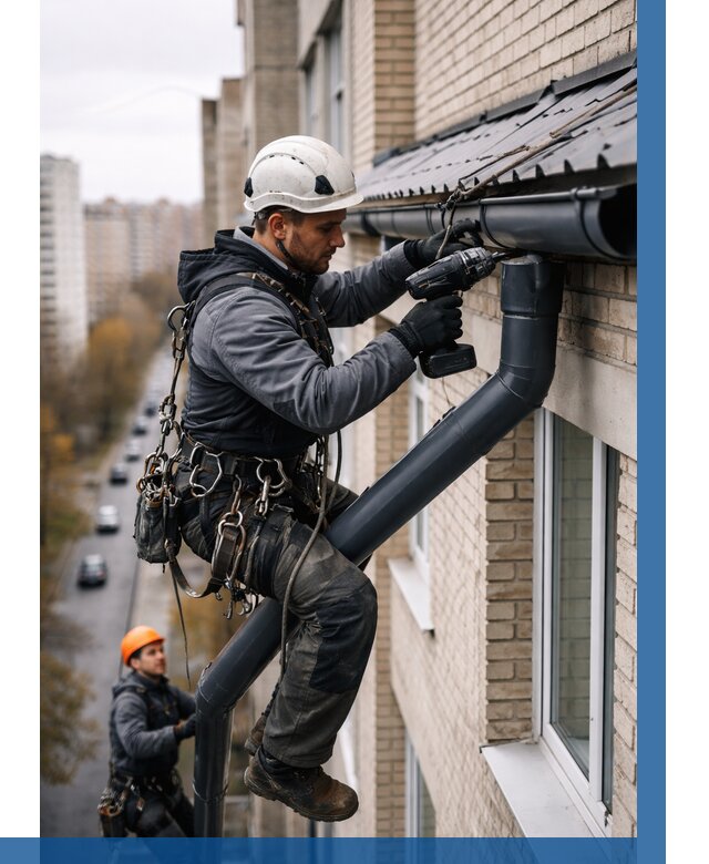 Монтаж водосточной системы на здании в Канаше от 5136 р. | ВЫСОТНИК-Кна