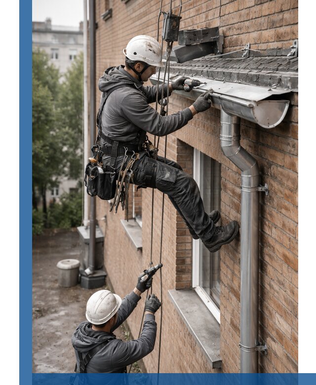 Монтаж водосточной системы на здании в Канаше под ключ