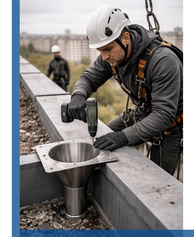 Монтаж водосточных воронок в Канаше для промышленных зданий