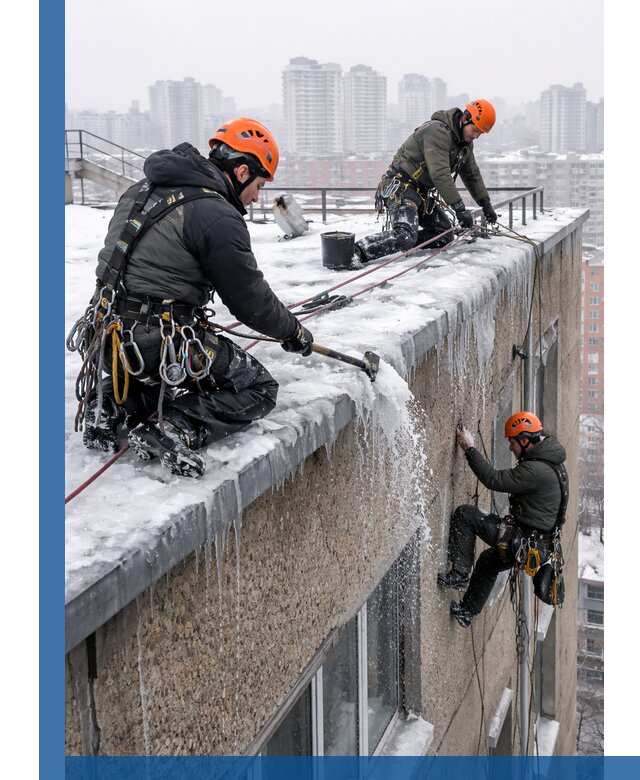 Удаление наледи с кровли в Канаше промышленными альпинистами