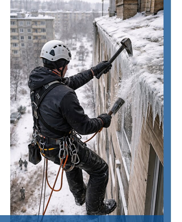 Сбивание сосулек с крыши в Канаше по цене от 4622 р. | ВЫСОТНИК-Кна