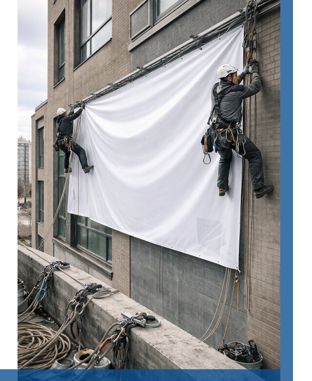 Монтаж баннеров на фасаде в Канаше от 668 р. заказать ВЫСОТНИК-Кна