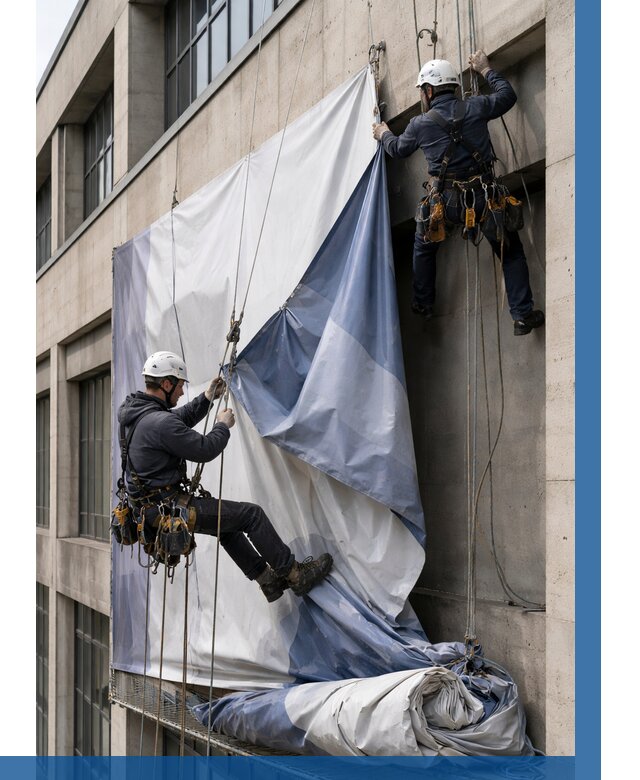 Демонтаж баннеров с фасада в Канаше от 4622 р. | ВЫСОТНИК-Кна