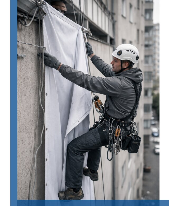 Замена баннерного полотна промышленными альпинистами в Канаше