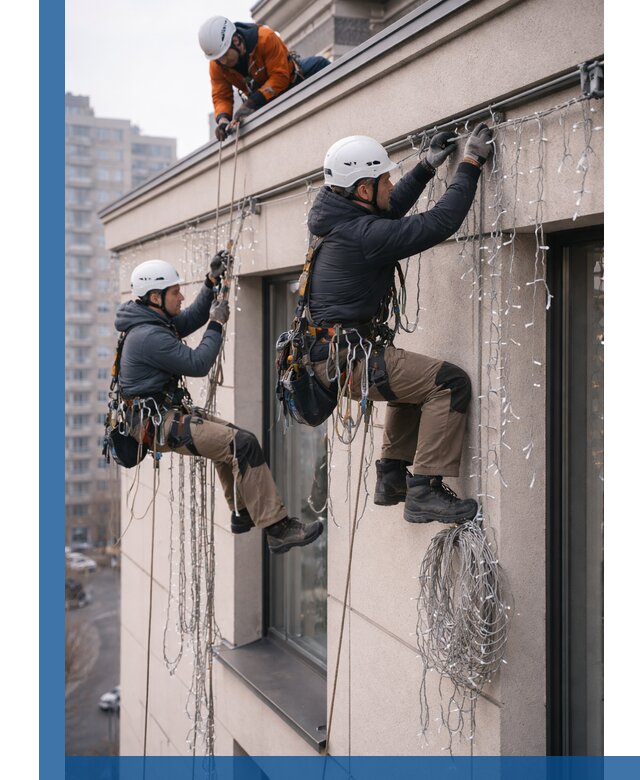 Монтаж праздничных гирлянд на фасаде в Канаше для зданий