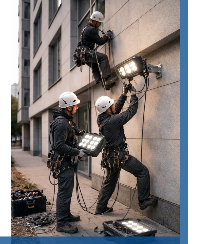 Монтаж прожекторов на фасаде в Канаше от 7704 р. | ВЫСОТНИК-Кна