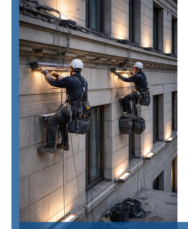 Монтаж архитектурной подсветки фасадов зданий в Канаше