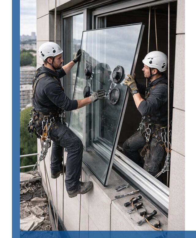 Замена стеклопакетов на высоте с промышленными альпинистами в Канаше