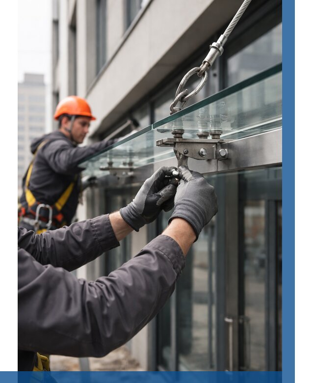 Монтаж стеклянных козырьков в Канаше от 8731 р. | ВЫСОТНИК-Кна