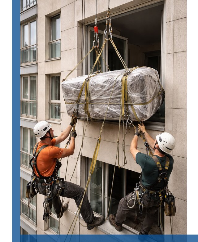 Подъем грузов через окно в Канаше промышленными альпинистами