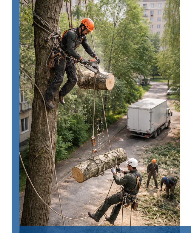 Спил деревьев альпинистами в Канаше, безопасно и без повреждений