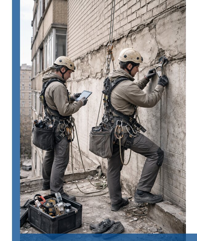 Обследование фасада промышленными альпинистами в Канаше